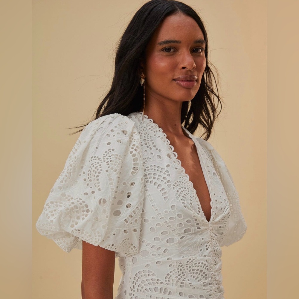 NEW FARM Rio White Eyelet Tiered Puff Sleeve Midi Dress‎ Size XS - Picture 3 of 17